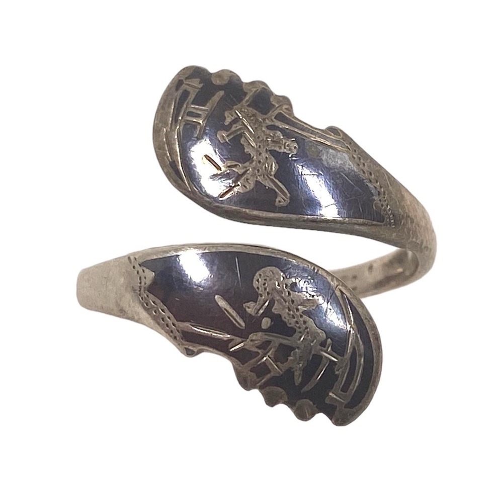 Siam Niello Ring Womens 7.25 Sterling Silver 925 Bypass Thai Dancer Goddess VTG